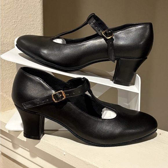 Bokimd Shoes - Bokimd T-Strap Latin Salsa Ballroom Dance Heels LEATHER BLACK Womens Size 7